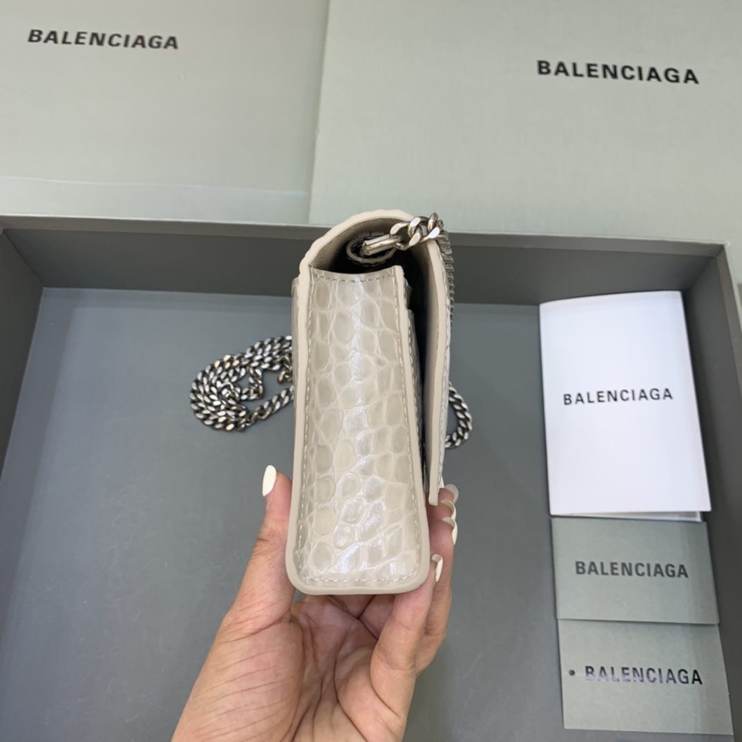 Balenciaga Small Hourglass Wallet With Chain Crocodile Embossed Shoulder Bag Beige